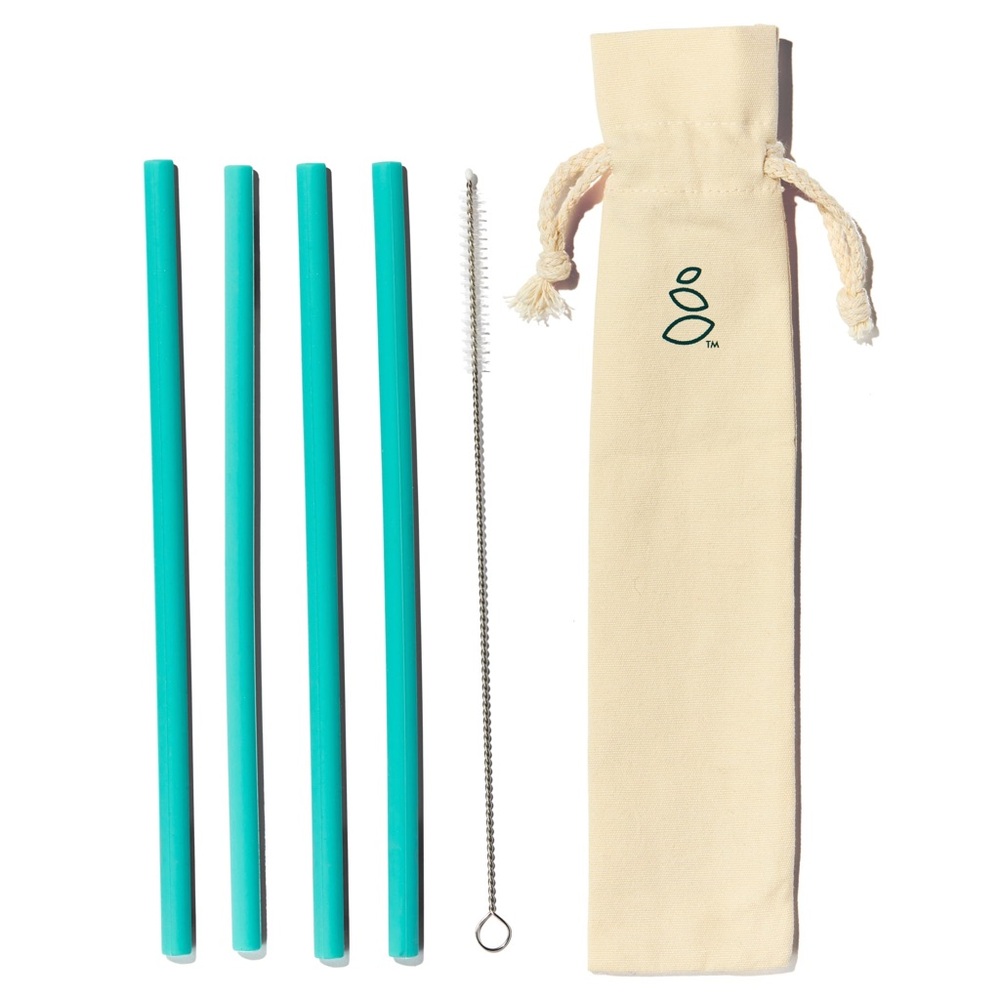 NWT Grove Collaborative Teal Silicone Straw Set with Cleaning Brush